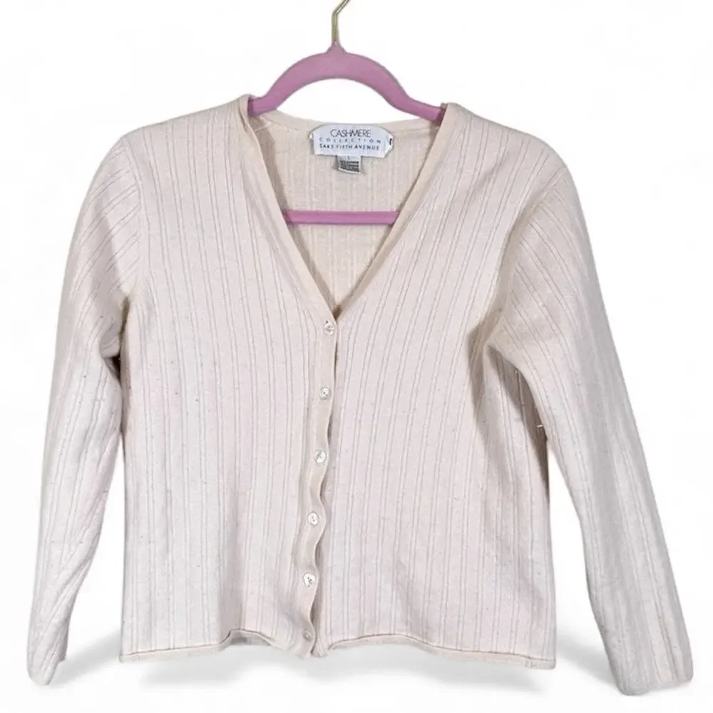 Saks Fifth Ave Cashmere Collection Cream Button Up Cardigan Sweater Womens L